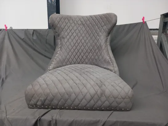 DESIGNER QUILTED FABRIC CHAIR IN GREY W. LION KNOCKER DETAIL - COLLECTION ONLY