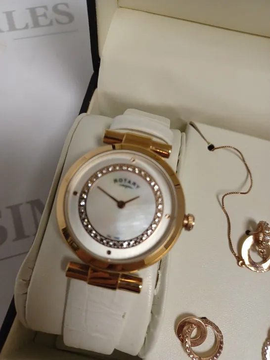 BOXED ROTARY LADIES WHITE & ROSE GOLD DIAL WATCH WITH NECKLACE AND EARRINGS - ROSE GOLD