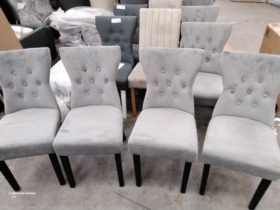 8 DESIGNER GREY PLUSH FABRIC CHAIRS WITH BUTTONED BACK, BLACK LEGS