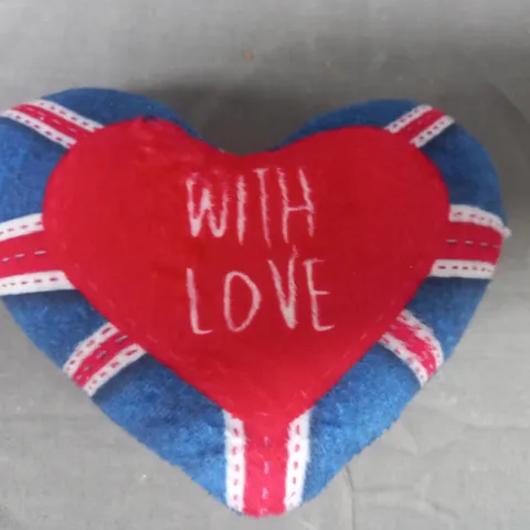 BOX OF APPROXIMATELY 20 UNITED KINGDOM "WITH LOVE" SMALL SOFT PLUSH CUSHIONS