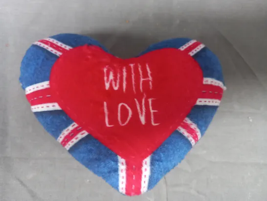 BOX OF APPROXIMATELY 20 UNITED KINGDOM "WITH LOVE" SMALL SOFT PLUSH CUSHIONS