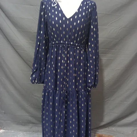 APRICOT DRESS IN NAVY W. GOLD EFFECT LEAF DESIGN SIZE 8