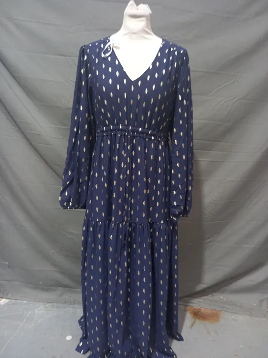 APRICOT DRESS IN NAVY W. GOLD EFFECT LEAF DESIGN SIZE 8