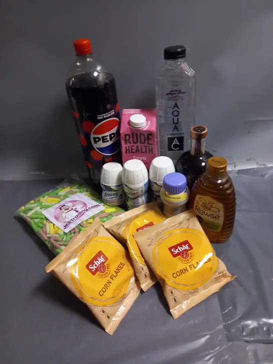 APPROXIMATELY 10 ASSORTED FOOD/DRINK PRODUCTS TO INCLUDE - ROWSE HONEY - RUDE HEALTH SOYA DRINK - PEPSI MAX CHERRY - ETC