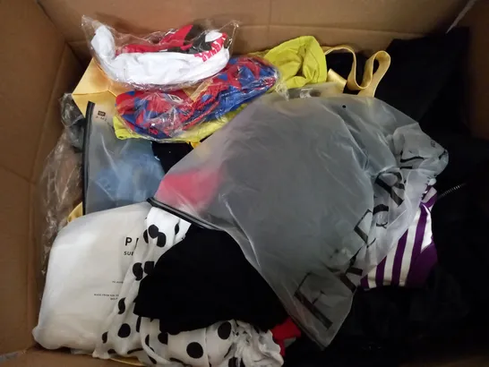 BOX OF ASSORTED CLOTHING ITEMS TOO INCLUDE JUMPERS, SHIRTS AND TROUSERS IN VARIOUS SIZES AND COLOURS   