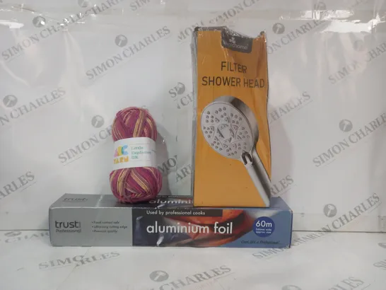 BOX OF APPROXIMATELY 10 ASSORTED HOUSEHOLD ITEMS TO INCLUDE KNITTING YARN, FILTER SHOWER HEAD, ALUMINIUM FOIL, ETC