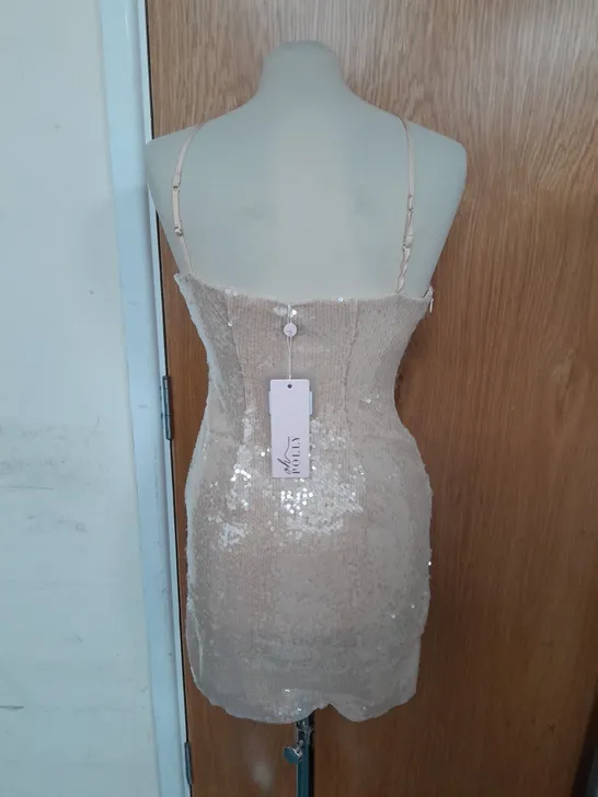 OH POLLY SEQUIN PLUNGE HALTERNECK STYLE FITTED DRESS IN TAN SIZE 10