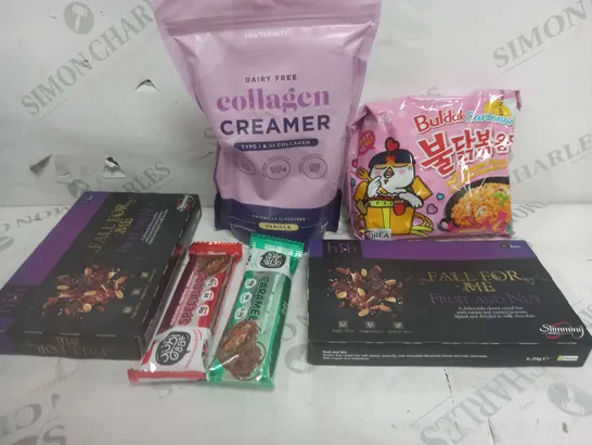 BOX OF APPROXIMATELY 10 ASSORTED ITEMS TO INCLUDE HOT NOODLES, FRUIT AND NUT, YUBI BARS ETC