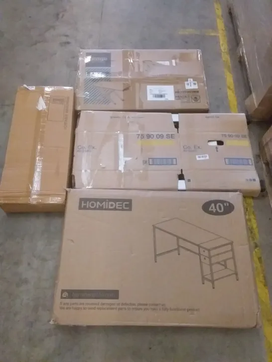 PALLET OF ASSORTED ITEMS INCLUDING HOMIDEC 40" DESK, CHRISTMAS TREE, PORTABLE WARDROBE, FENGE STAND DESK, LAUNDRY HAMPER, FOLDING STEP LADDER 