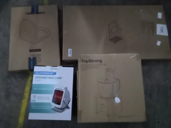 PALLET OF ASSORTED ITEMS INCLUDING STOREMIC TOILET SEAT, INFRARED HEAT LAMP, MULTIFUNCTIONAL FOOD PROCESSOR, TOWEL RACK