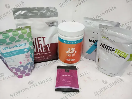 APPROXIMATELY 10 ASSORTED WHEY BASED AND FOOD SUPPLEMENT PRODUCTS TO INCLUDE; MYPROTEIN, NUTRITEEN, COLLAVEGAN AND WILLPOWDERS