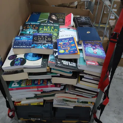 CAGE OF ASSORTED BOOKS INCLUDING, JACK REACHER & OTHER NOVELS, CHILDREN'S BOOKS, REFERENCE, COMIC ANNUALS & REFERENCE 