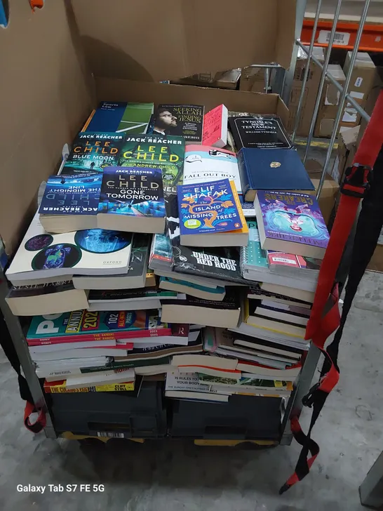 CAGE OF ASSORTED BOOKS INCLUDING, JACK REACHER & OTHER NOVELS, CHILDREN'S BOOKS, REFERENCE, COMIC ANNUALS & REFERENCE 