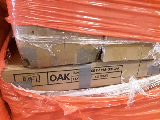 PALLET OF ASSORTED PRODUCTS INCLUDING GREEN PVC COATED WIRE MESH NETTING, OAK DESK