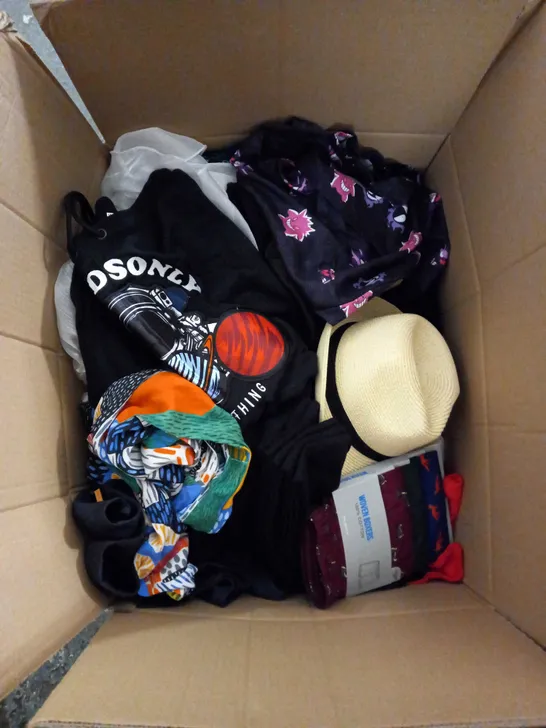 BOX OF ASSORTED CLOTHING ITEMS TOO INCLUDE JUMPERS, SHIRTS AND TROUSERS IN VARIOUS SIZES AND COLOURS   