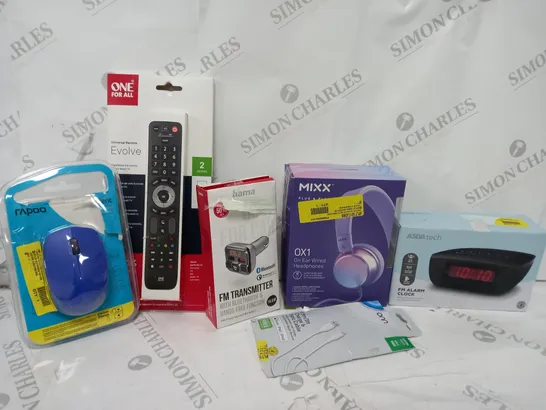 BOX OF APPROXIMATELY 15 ASSORTED ELECTRICALS TO INCLUDE ONE FOR ALL REMOTE, MIXX 0X1 HEADSET, FM ALARM CLOCK, ETC