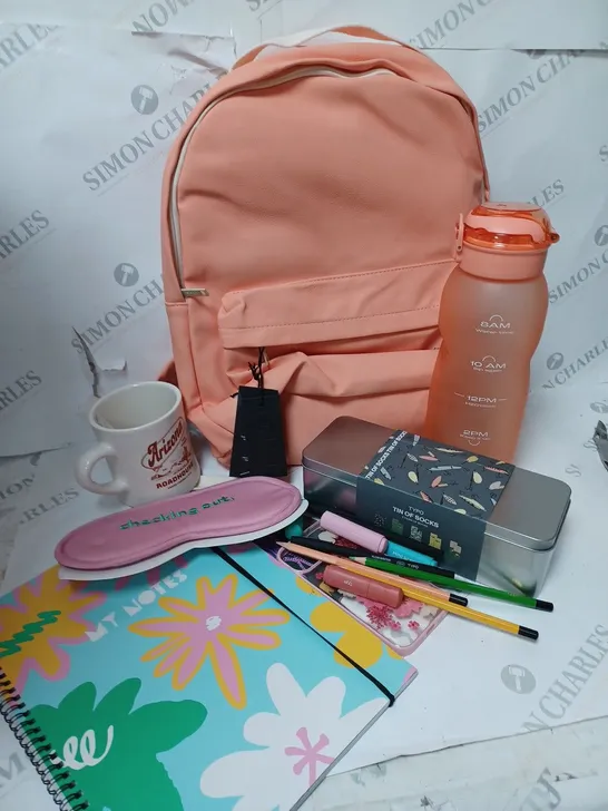 APPROXIMATELY 15 COTTON ON ITEMS INCLUDING PEACH BACKPACK WITH MATCHING LARGE WATER BOTTLE, A4 FLORAL NOTEBOOK AND SOCKS IN A TIN