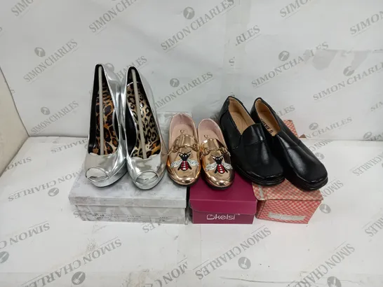 APPROXIMATELY 7 BOXED PAIR OF SHOES TO INCLUDE ANNE MICHELLE PLATFORM HEELS SIZE 5, SUEVE.S BLACK SHOES SIZE 5, KELSI KIDS LOAFERS SIZE 11                                                              