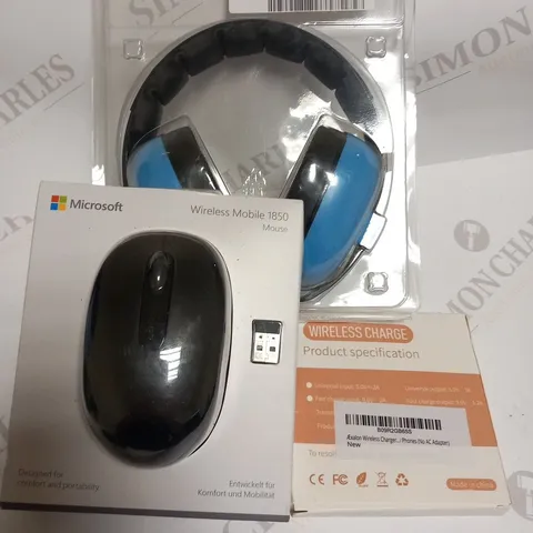 3 ASSORTED PRODUCTS TO INCLUDE; MICROSOFT WIRELESS MOBILE 1850 MOUSE, HEADPHONES AND WIRELESS CHARGE