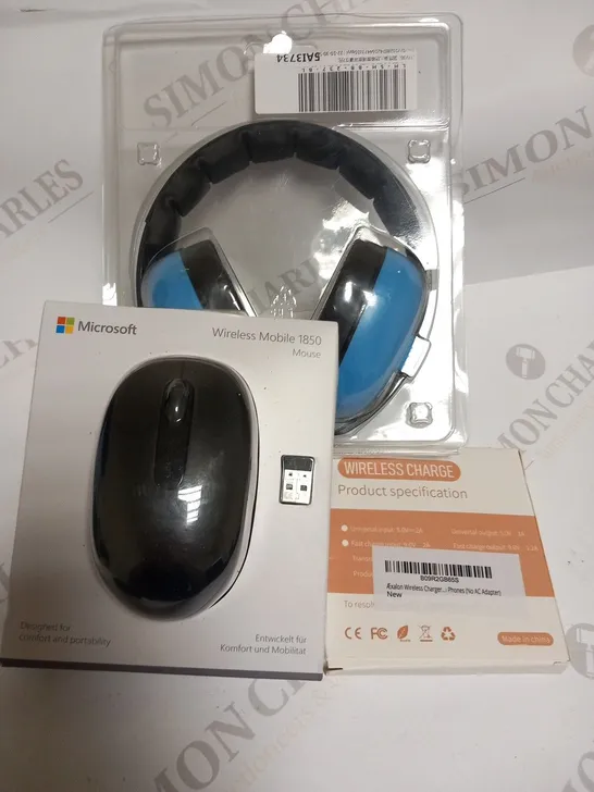 3 ASSORTED PRODUCTS TO INCLUDE; MICROSOFT WIRELESS MOBILE 1850 MOUSE, HEADPHONES AND WIRELESS CHARGE