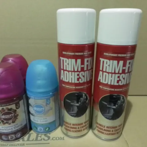 LOT OF 12 ASSORTED AEROSOLS TO INCLUDE TRIM-FIX ADHESIVE AND AIR PURE FRESHNER / COLLECTION ONLY