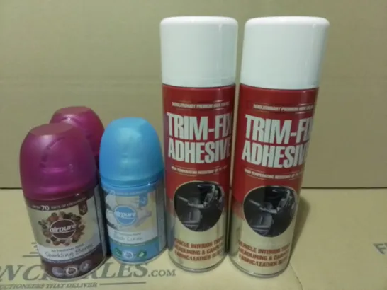 LOT OF 12 ASSORTED AEROSOLS TO INCLUDE TRIM-FIX ADHESIVE AND AIR PURE FRESHNER / COLLECTION ONLY