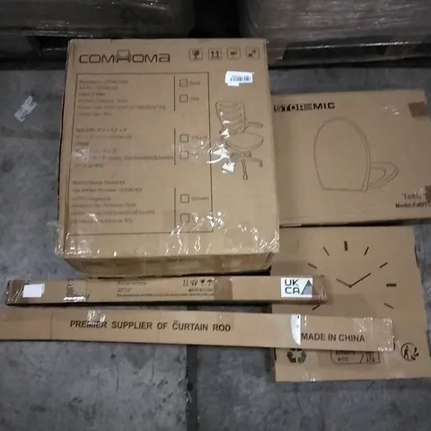 PALLET OF ASSORTED ITEMS INCLUDING COMHOMA OFFICE CHAIR, STOREMIC TOILET SEAT, ROLLER BLINDS, CURTAIN ROD, WALL CLOCK, AIR FRYER