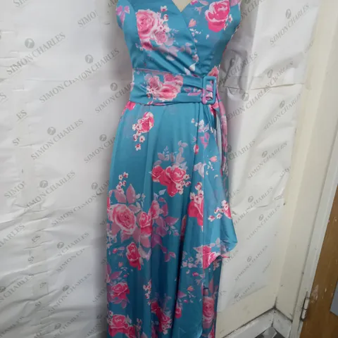 CHI CHI LONDON CAMI FLORAL WRAP MIDI DIP HEM DRESS IN BLUE AND PINK SIZE 8