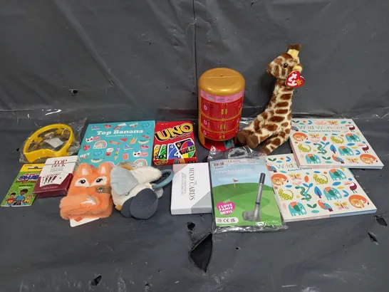 BOX OF ASSORTED TOYS AND GAMES TO INCLUDE TEDDIES, UNO AND CARD GAMES