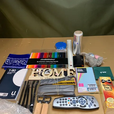 LOT OF ASSORTED HOUSEHOLD ITEMS TO INCLUDE REMOTE CONTROLS, BOTTLE OPENERS AND COLOURING PENCILS