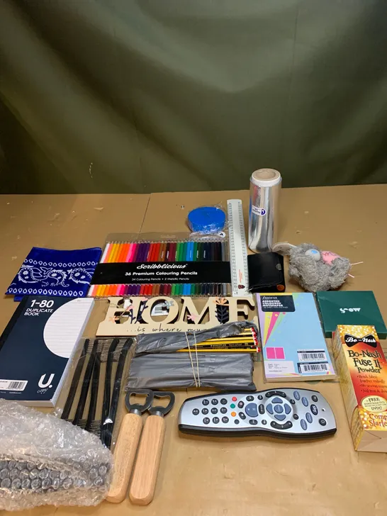 LOT OF ASSORTED HOUSEHOLD ITEMS TO INCLUDE REMOTE CONTROLS, BOTTLE OPENERS AND COLOURING PENCILS