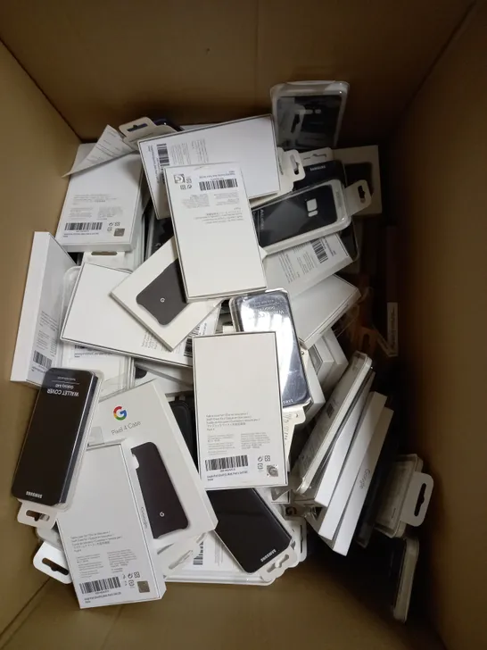 LARGE BOX OF APPROX 100 ASSORTED PHONE CASES TO INCLUDE LIFEPROOF DROPPROOF FOR IPHONE 11 PRO MAX, GOOGLE PIXEL 4 AND SAMSUNG GALAXY S20+ SMART CLEAR VIEW COVER ETC