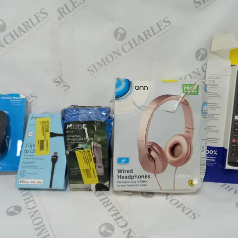 BOX OF APPROXIMATELY 30 ASSORTED ELECTRICALS TO INCLUDE RAPOO WIRELESS MOUSE, ONN WIRED HEADPHONES, ONE FOR ALL TV REMOTE, ETC