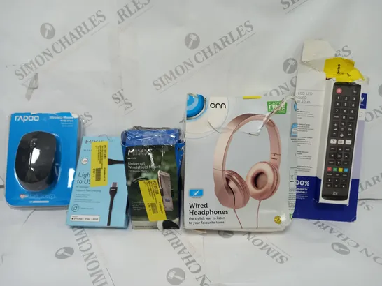 BOX OF APPROXIMATELY 30 ASSORTED ELECTRICALS TO INCLUDE RAPOO WIRELESS MOUSE, ONN WIRED HEADPHONES, ONE FOR ALL TV REMOTE, ETC