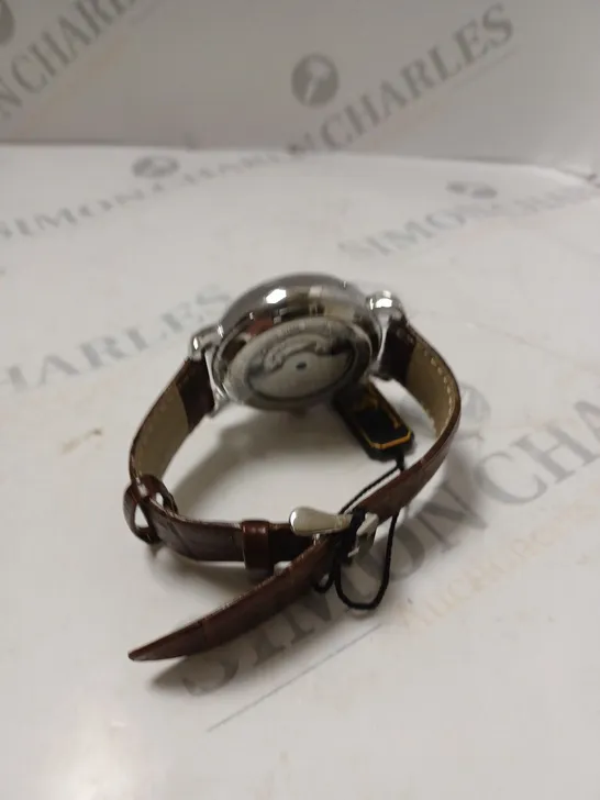 BOXED SAMUEL JOSEPH AUTOMATIC STEEL BROWN WATCH WITH LEATHER STRAP