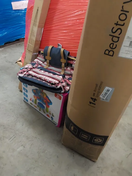 PALLET OF ASSORTED ITEMS INCLUDING, 14CM BONNELL SPRING MATTRESS, BACKPACKS,PARASOL, BEACH TOY TABLE