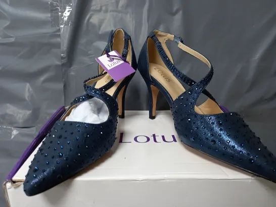 BOXED PAIR OF LOTUS POINTED TOE STRAP HEELS IN DIAMOND NAVY - UK 5