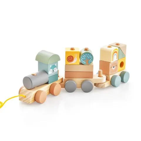 BOXED COSTWAY CHILDREN WOODEN TOY TRAIN SET W/ STACKING WOODEN BLOCKS & CUTE ANIMAL PATTERNS