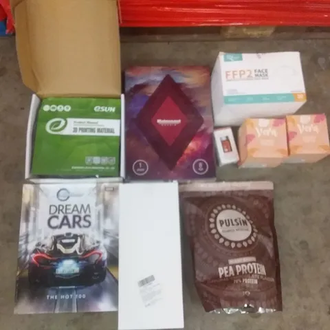 PALLET OF ASSORTED ITEMS INCLUDING ESUN 3D PRINTING MATERIAL, MATOEAST PUZZLE, PARTICLE FILTERING HALF MASK, VERA SUNBED CREAM, TOP GEAR DREAM CARS BOOK, PEA PROTEIN POWDER