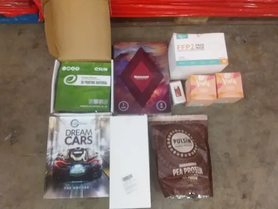 PALLET OF ASSORTED ITEMS INCLUDING ESUN 3D PRINTING MATERIAL, MATOEAST PUZZLE, PARTICLE FILTERING HALF MASK, VERA SUNBED CREAM, TOP GEAR DREAM CARS BOOK, PEA PROTEIN POWDER