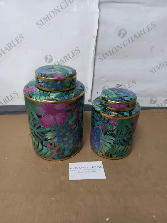 ALISON CORK SET OF 2 BOTANICAL PRINTED CERAMIC GINGER JARS