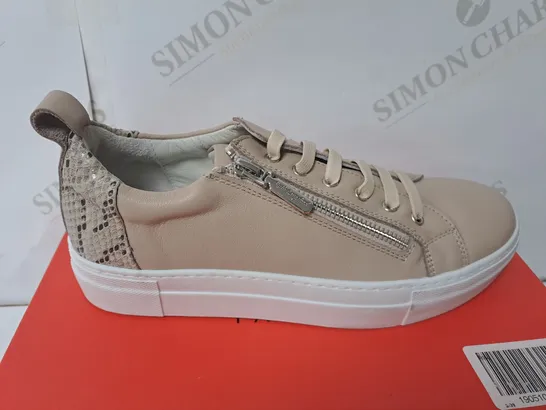 BOXED PAIR OF RUTH LANGSFORD ZIP DETAIL BEIGE LEATHER TRAINERS - SIZE 5