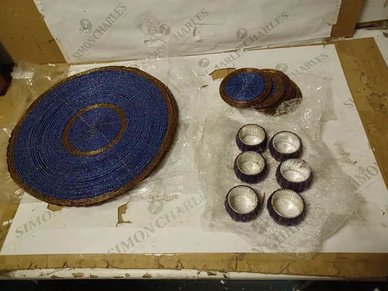 PENGUIN HOME SET OF 18 GLASS BEADED PLACEMATS, COASTERS AND NAPKIN RINGS, BLUE AND ANTIQUE GOLD