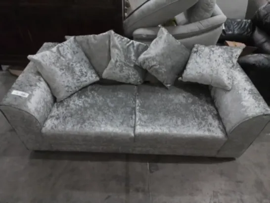 DESIGNER TWO SEATER SOFA WITH SCATTER CUSHIONS  CRUSHED SILVER VELVET