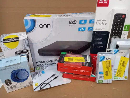 LOT OF ASSORTED ITEMS TO INCLUDE ONN HDMI DVD PLAYER, ONE FOR ALL EVOLVE UNIVERSAL REMOTE, BLACKWEB SYNC AND CHARGE CABLE, BLUETOOTH SHOWER SPEAKER, GEORGE PREMIUM SHAVER, ETC.