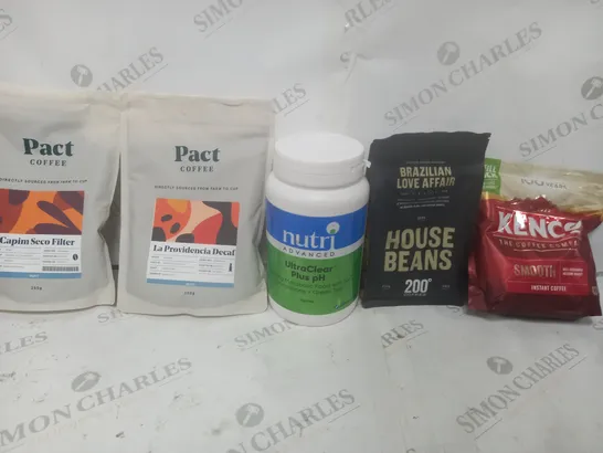 BOX OF APPROX 15 ASSORTED FOOD ITEMS TO INCLUDE - PACT COFFEE CAPIM SECO FILTER - NUTRI ADVANCED ULTRACLEAR PLUS PH - BRAZILIAN LOVE AFFAIR HOUSE BEANS 200 COFFEE ECT