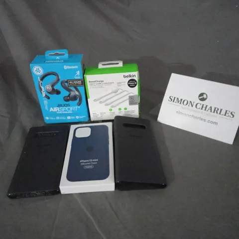5 ASSORTED ITEMS TO INCLUDE: 2 SAMSUNG PHONE CASES, IPHONE SILICONE CASE, BELKIN BOOSTCHARGE AND JUDS AIRSPORT