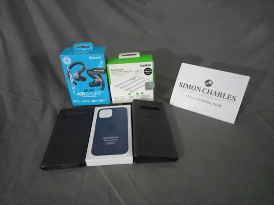 5 ASSORTED ITEMS TO INCLUDE: 2 SAMSUNG PHONE CASES, IPHONE SILICONE CASE, BELKIN BOOSTCHARGE AND JUDS AIRSPORT