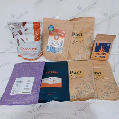 LOT TO CONTAIN 8 X ASSORTED COFFEE & NUTRITIONAL PRODUCTS. INCLUDES PACKS OF COFFEE, CELTIC SEA SALT, PROTEIN SHAKE ETC 