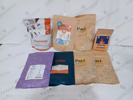 LOT TO CONTAIN 8 X ASSORTED COFFEE & NUTRITIONAL PRODUCTS. INCLUDES PACKS OF COFFEE, CELTIC SEA SALT, PROTEIN SHAKE ETC 